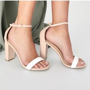 Nude and white ankle strap heels